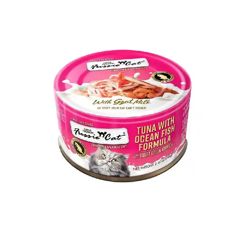 Fussie Cat Premium Tuna w/Oceanfish in Goats Milk Cat Food 2.47oz Can