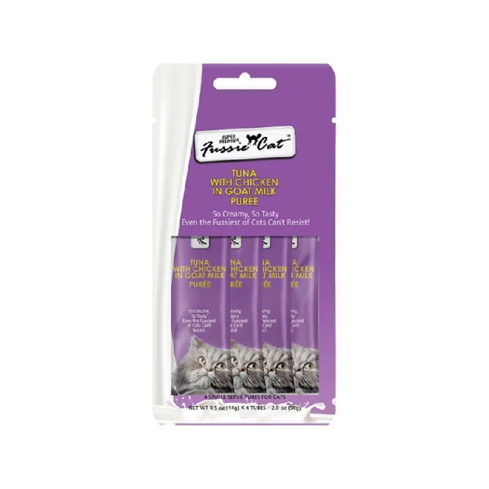 Fussie Cat Tuna Chicken Goat Milk Purée four-pack, front view