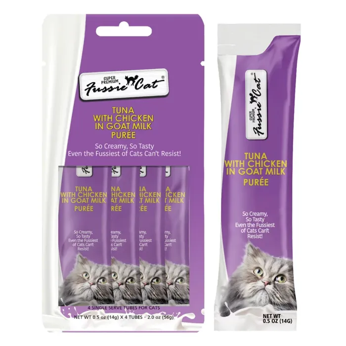 Fussie Cat Tuna Chicken Goat Milk Purée four-pack and tube
