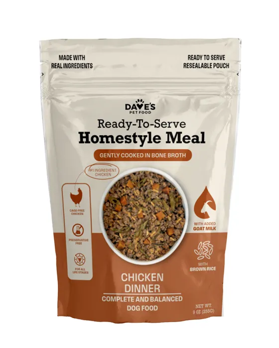 Dave's Homestyle Chicken & Brown Rice Goat Milk 9 oz pouch, front