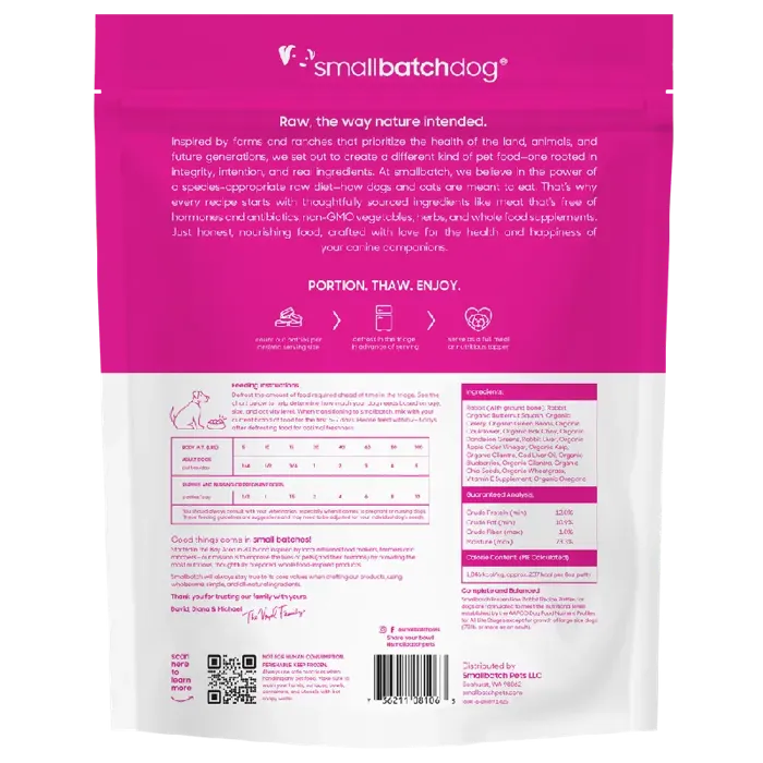 Small Batch rabbit recipe frozen raw patties back packaging