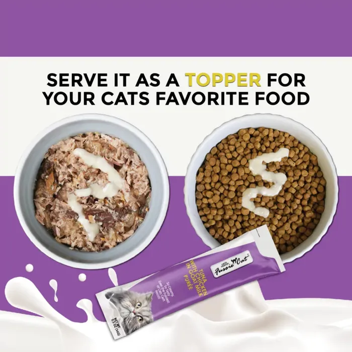 Fussie Cat Tuna Chicken Goat Milk Purée food topper serving